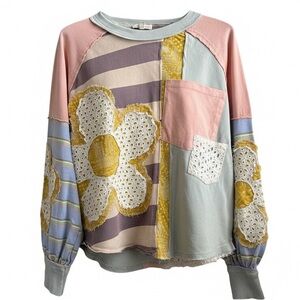 Oli & Hali Patchwork Daisy Pullover Top JT0168 - Boho Mixed Media Pastel S